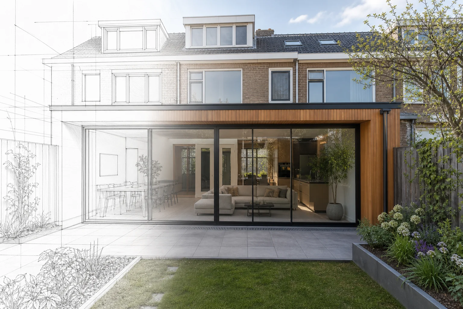 Ontwerpvisualisatie waarin een bouwkundige schets overgaat in een uitgewerkte woningaanbouw