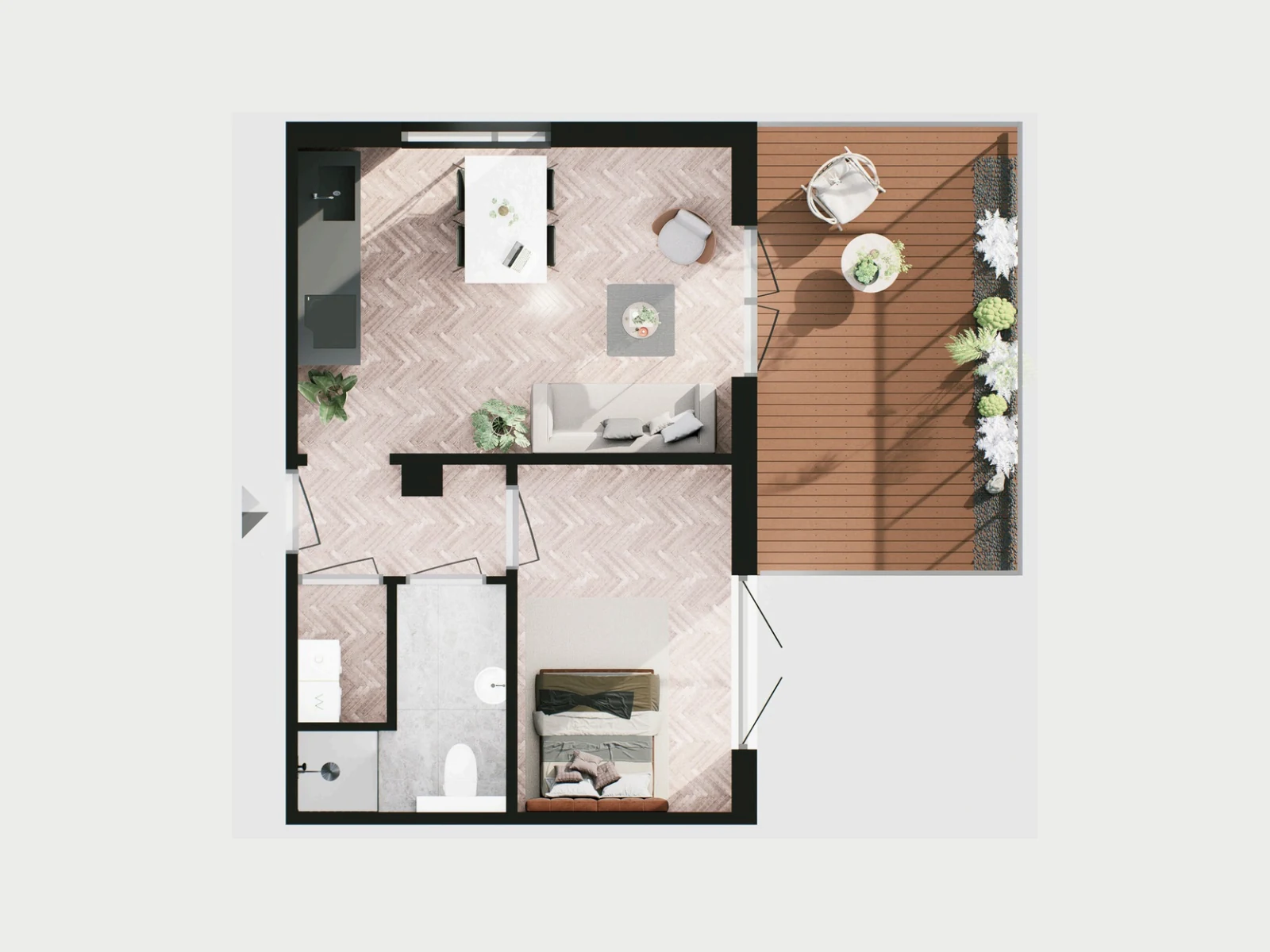 Ingericht vloerplan van een appartement met slaapkamer en groot terras