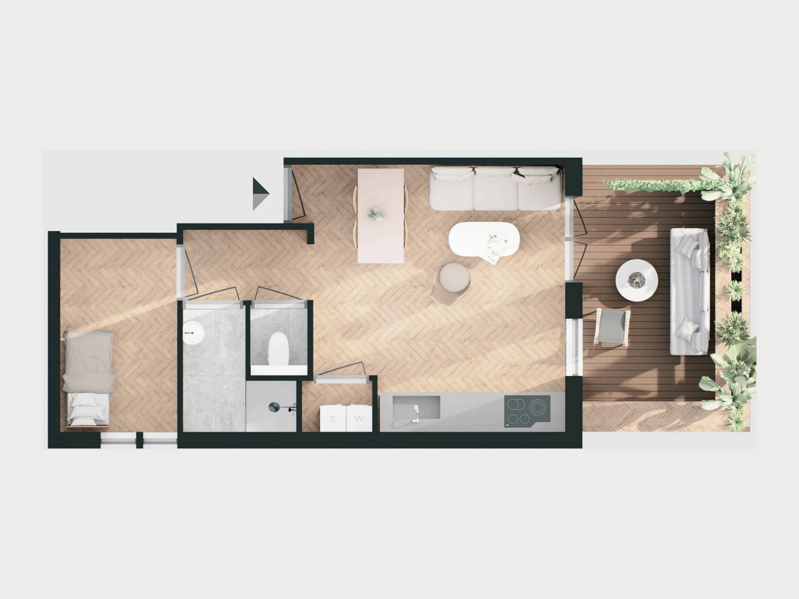 Ingericht vloerplan van een compacte woning met leefruimte en terras