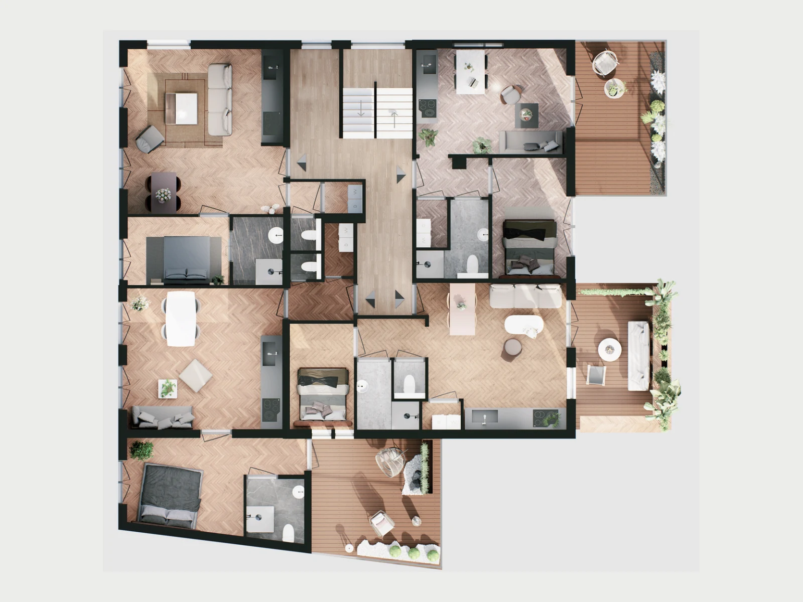 Professioneel ingericht vloerplan van een uitgebreide woning met meerdere woon- en buitenruimtes