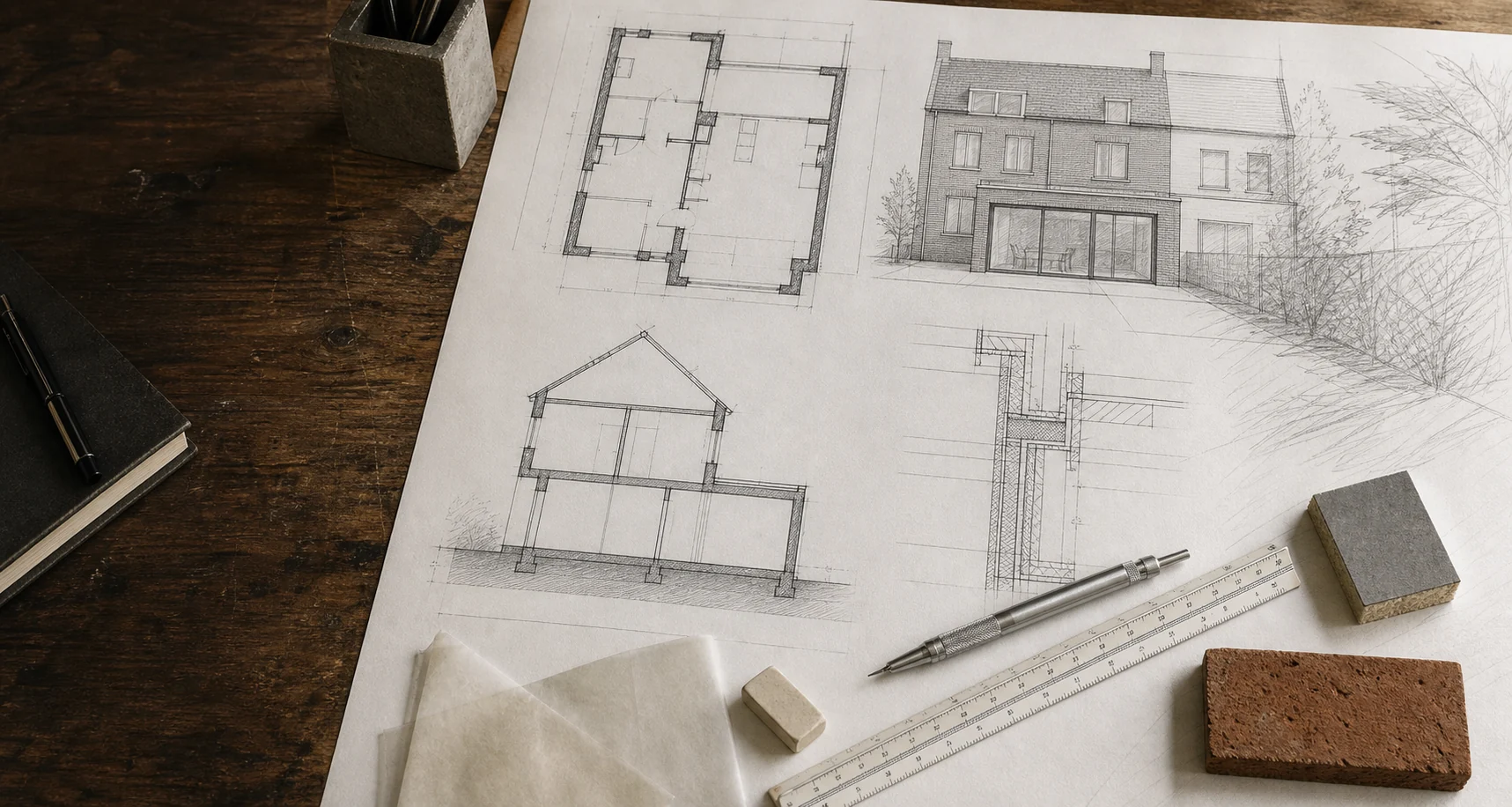 Plattegrond, gevelaanzicht, doorsnede en bouwdetail voor een woninguitbreiding