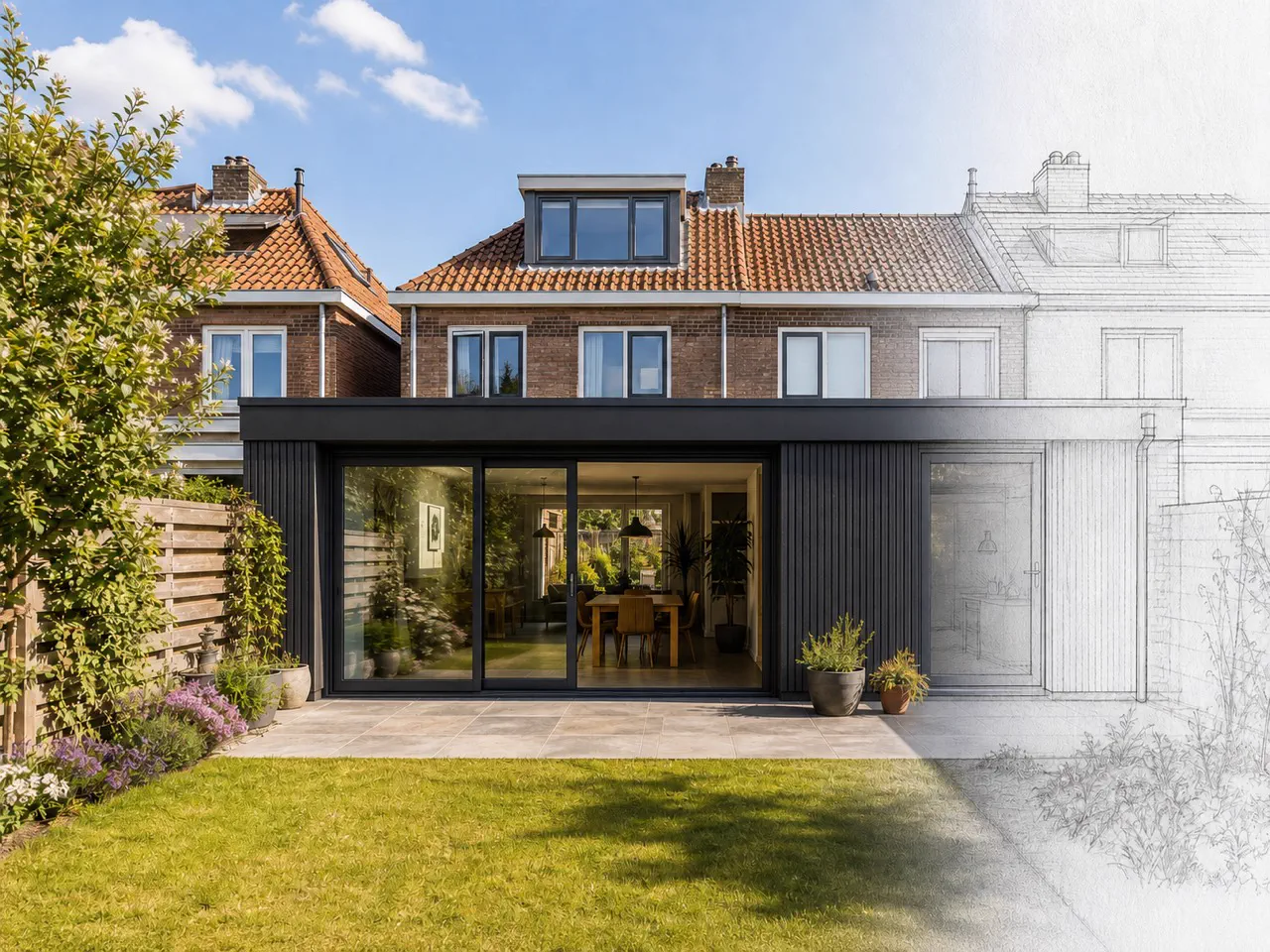 Antraciet aanbouwontwerp met verticale gevelbekleding en een brede glazen pui aan dezelfde woning