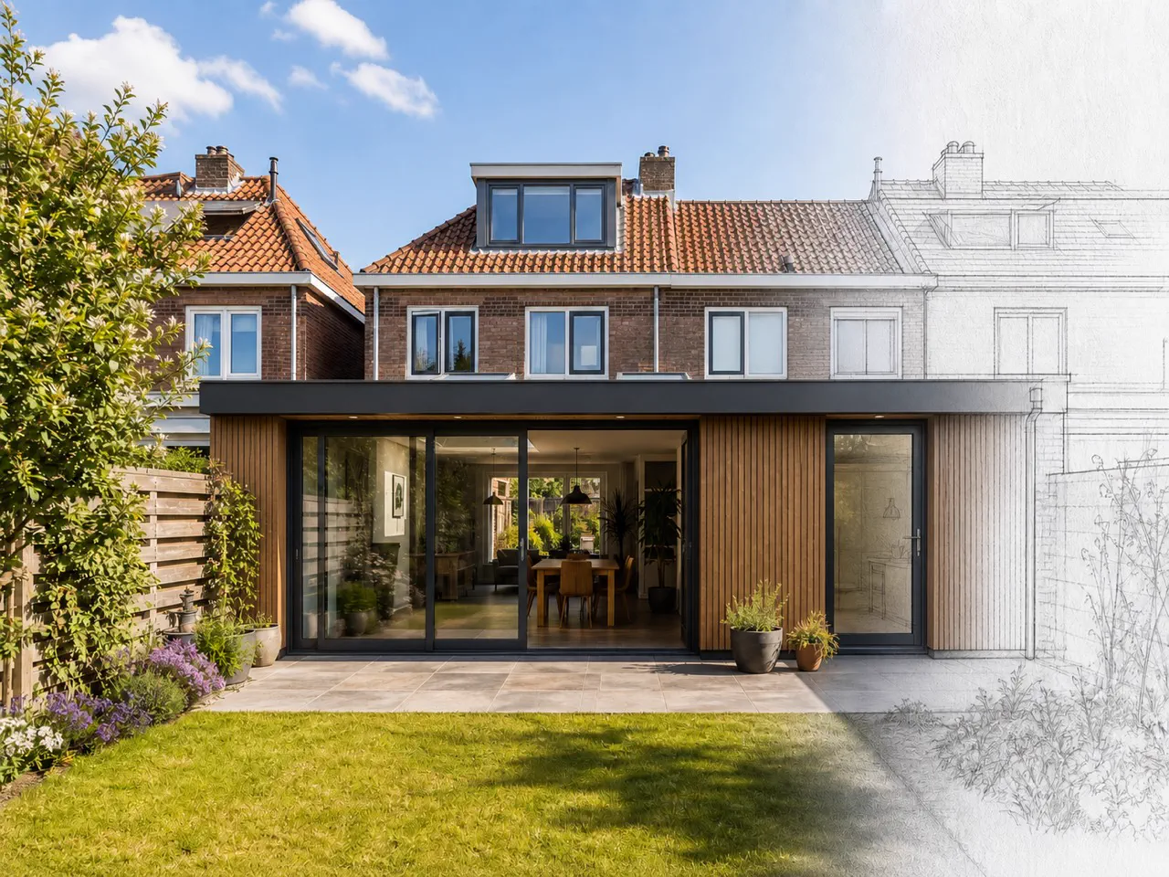 Modern aanbouwontwerp met verticale houten lamellen, donkere dakrand en glazen pui aan dezelfde woning