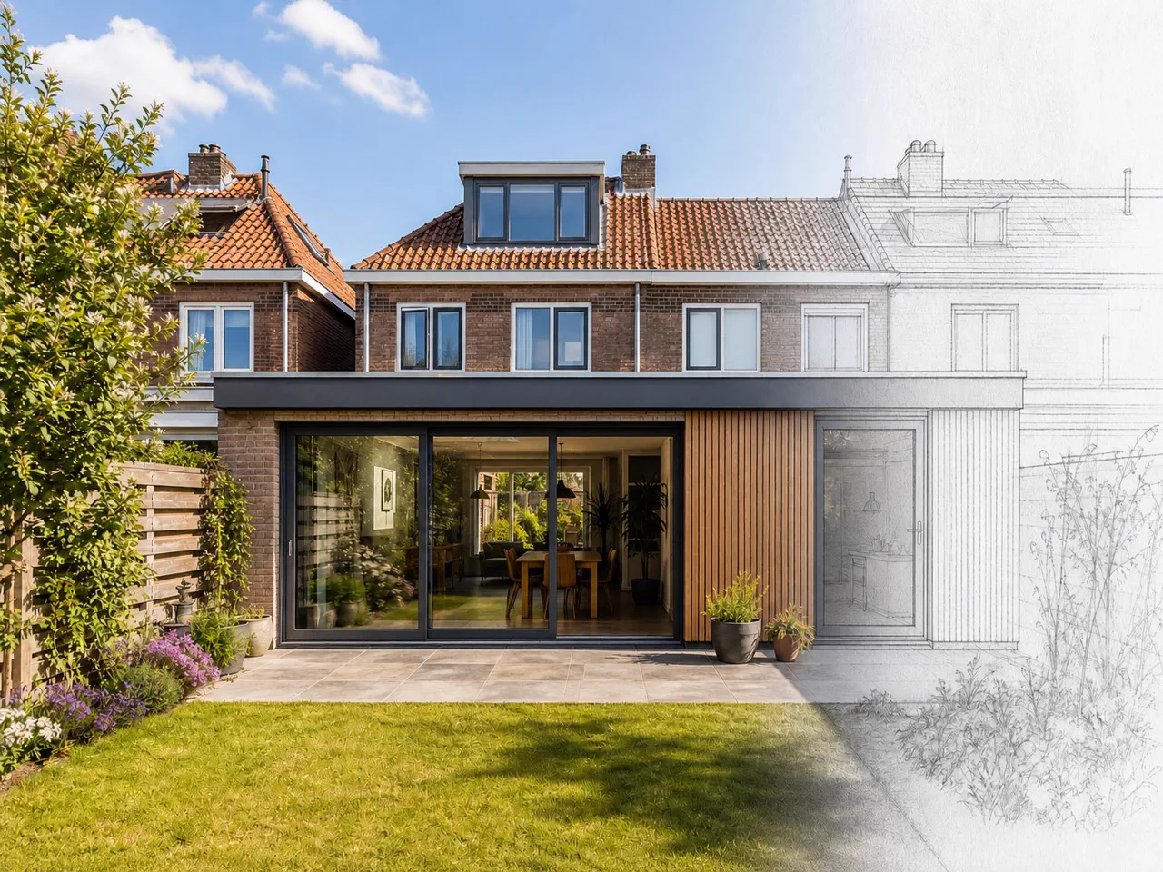 Aanbouwontwerp met bestaand metselwerk, houten gevelbekleding en brede glazen pui aan een Nederlandse woning
