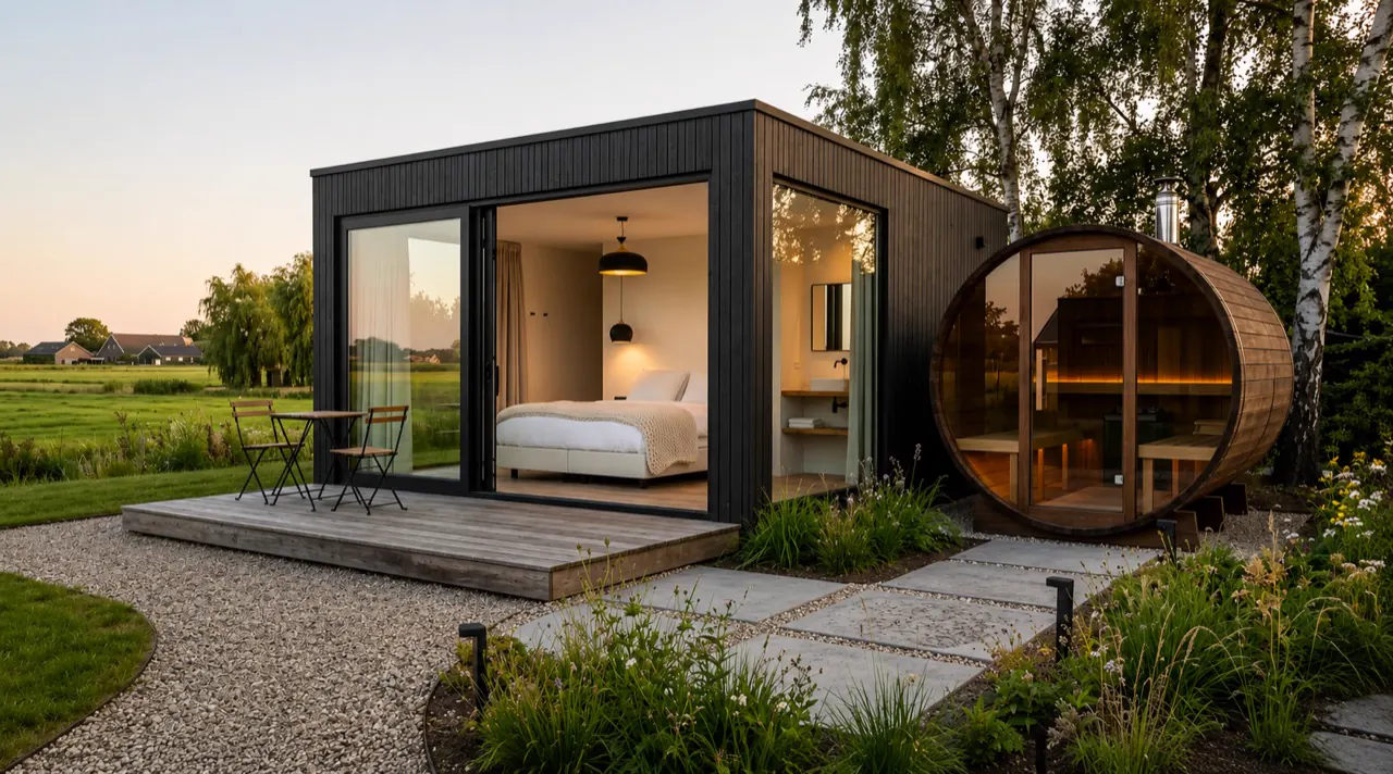 Antraciet B&B-ontwerp met verticale gevelbekleding, glazen hoek, terras en buitensauna