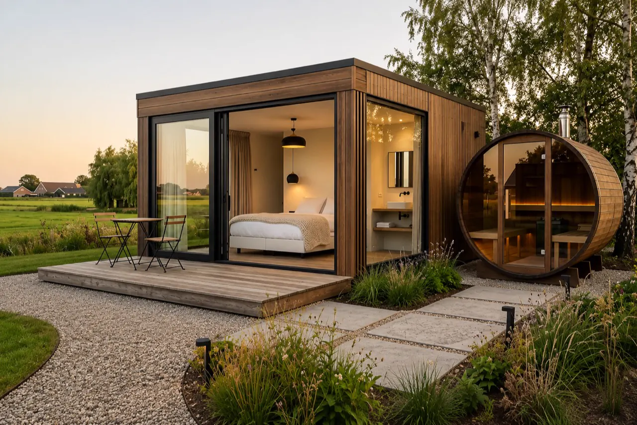 Houten B&B-ontwerp met donkere dakrand, glazen hoek, terras en ronde buitensauna
