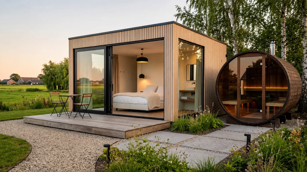 Licht houten B&B-ontwerp met grote glazen pui, slaapruimte, terras en buitensauna