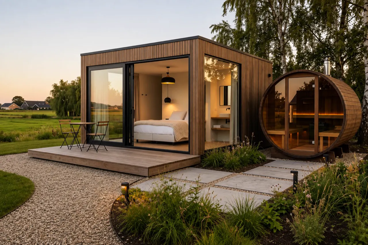 Compact B&B-ontwerp in warm hout met glazen hoek, terras en buitensauna in een landelijke omgeving