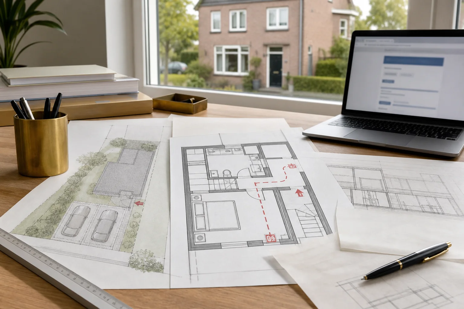 Voorbereiding van een B&B-aanvraag met situatietekening, gastenkamerindeling, vluchtroute en parkeerplaatsen