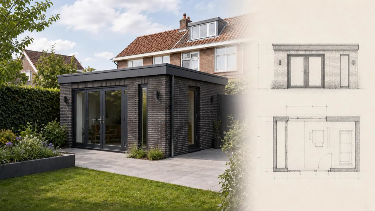 Bijgebouwontwerp in donkere baksteen met glazen tuindeuren, zijdeur en een vlak dak