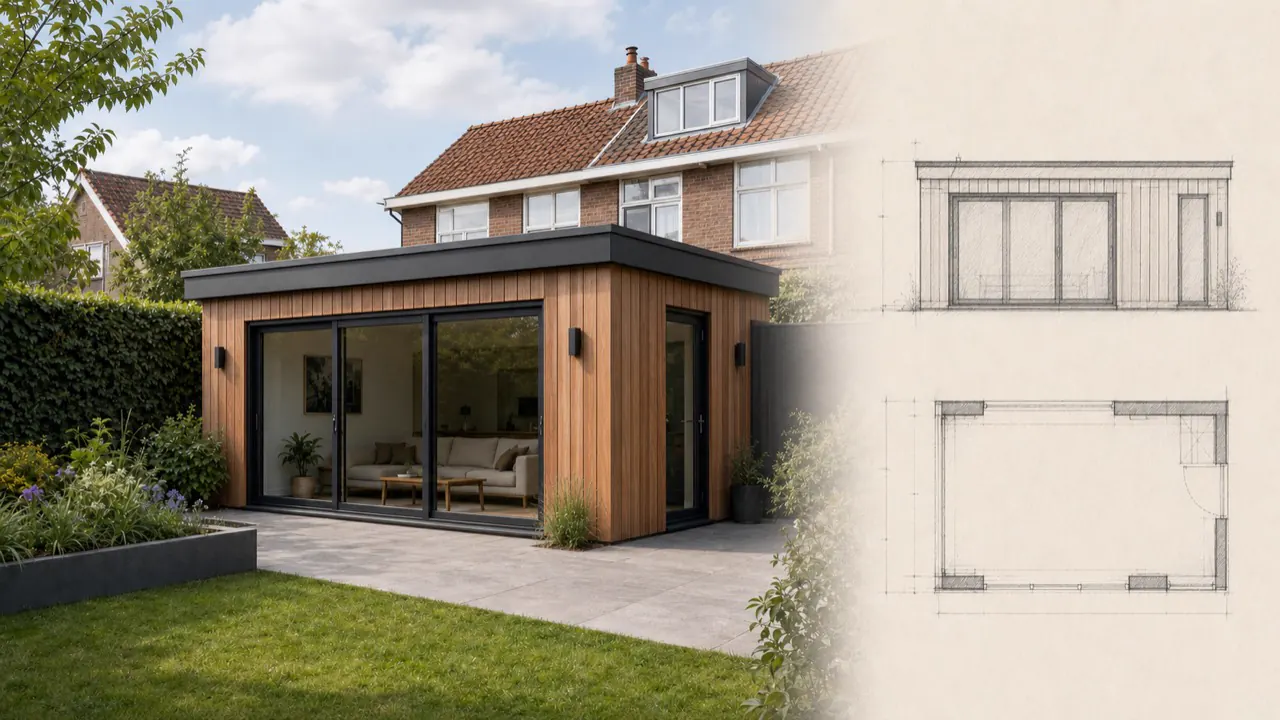 Modern bijgebouw in warm hout met brede glazen pui, zijdeur en bijbehorende plattegrond