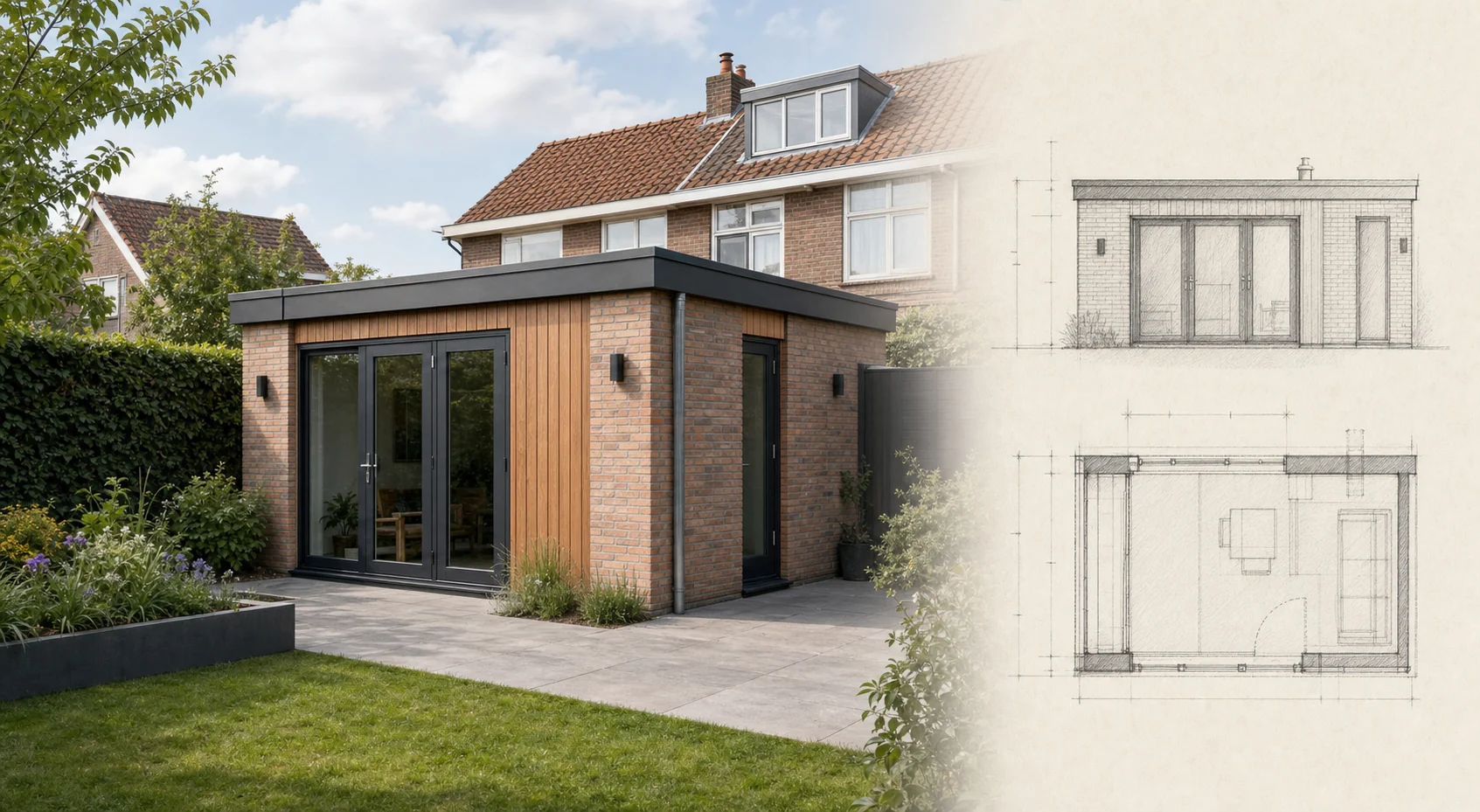 Bijgebouw of tuinkantoor met plattegrond en gevelschets
