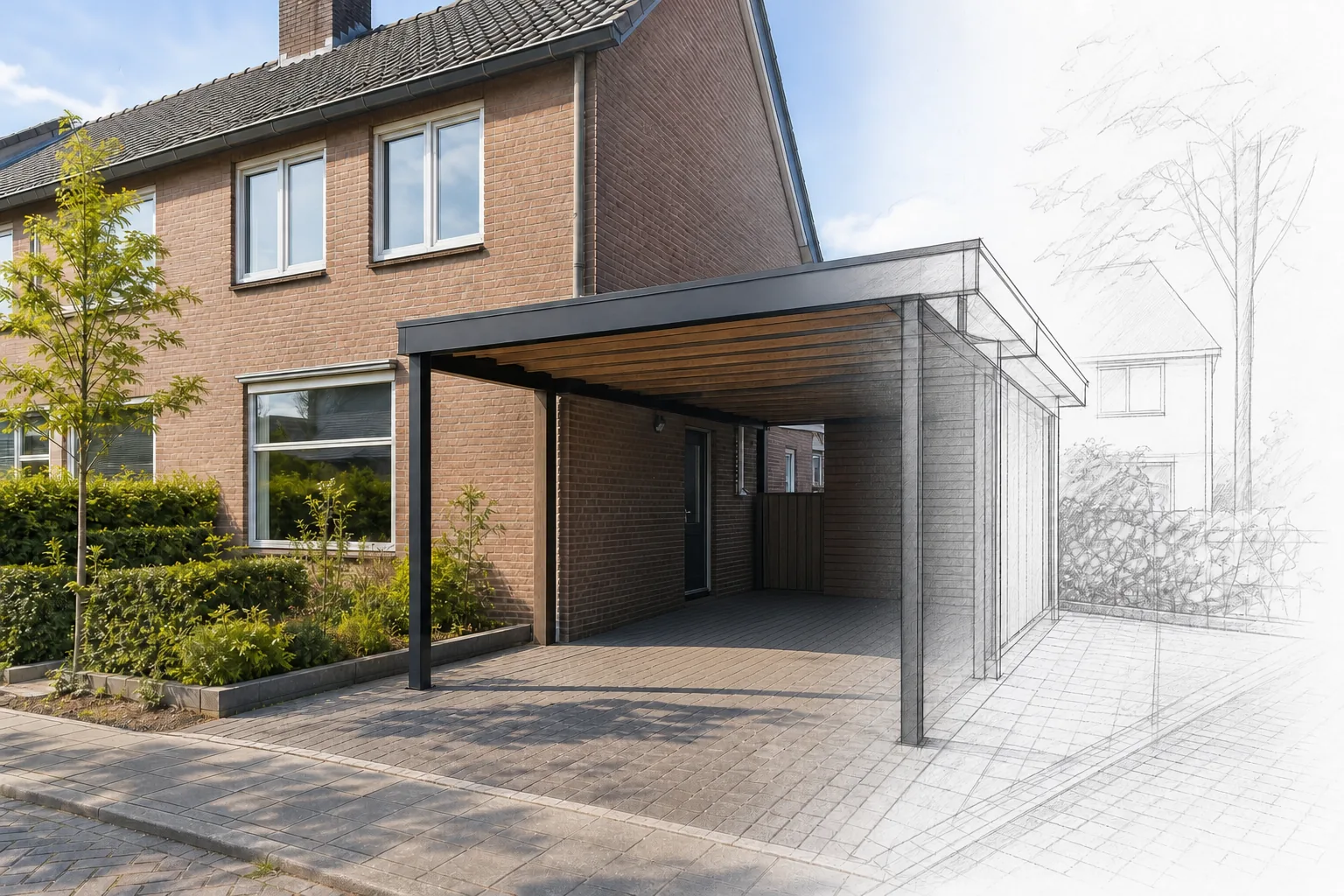 Illustratieve moderne carport naast een Nederlandse woning die overgaat in een bouwschets