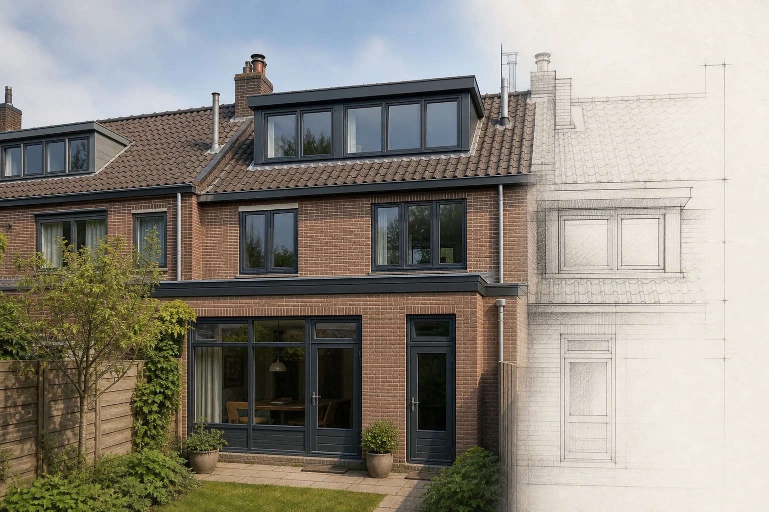 Dakkapel op een Nederlandse woning met aansluitende technische dakschets