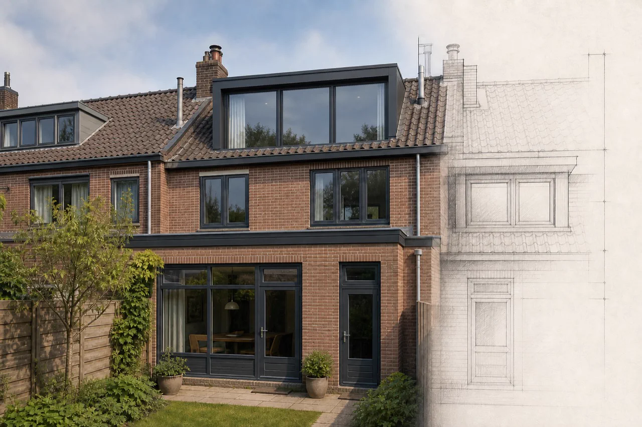 Breed dakkapelontwerp met een donker kader en grote glasvlakken op dezelfde rijwoning