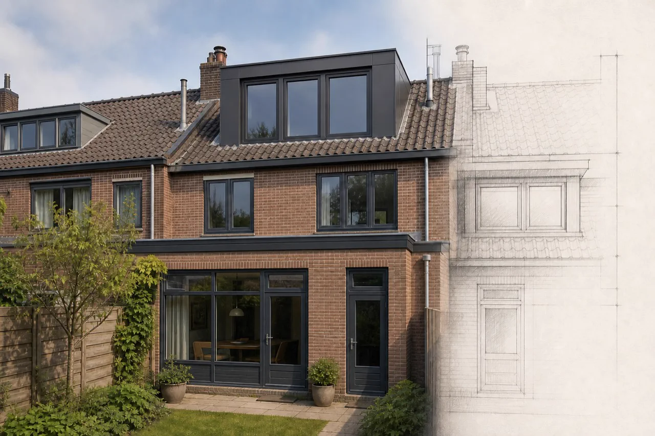 Compact antraciet dakkapelontwerp met drie hoge ramen op dezelfde rijwoning