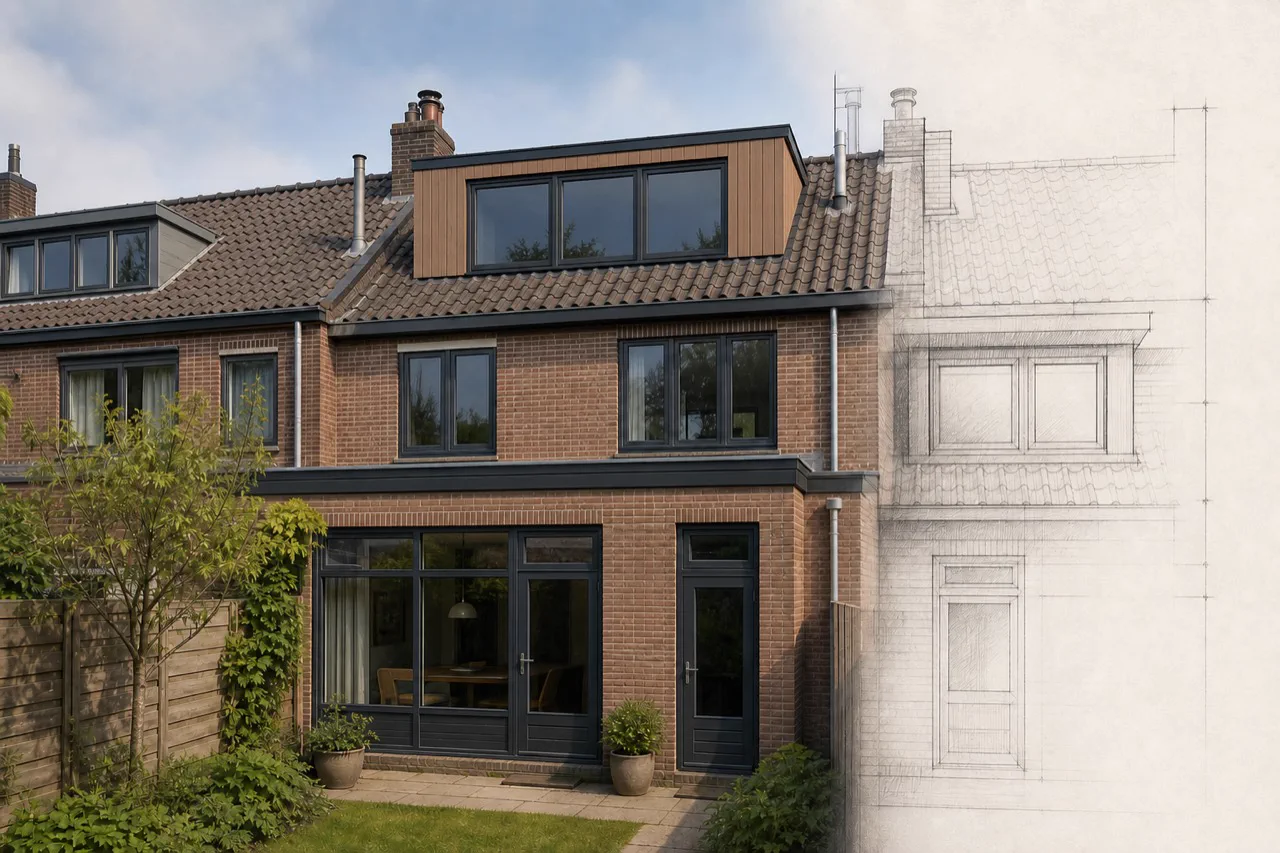 Dakkapelontwerp met verticale houten gevelbekleding en drie ramen op dezelfde rijwoning