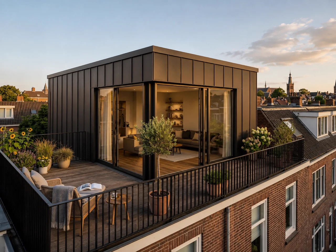 Dakopbouwontwerp met antraciete metalen gevelbekleding en grote glazen puien op hetzelfde woongebouw