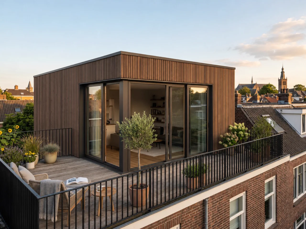 Donker houten dakopbouwontwerp met een rondom doorlopende glazen pui op hetzelfde woongebouw