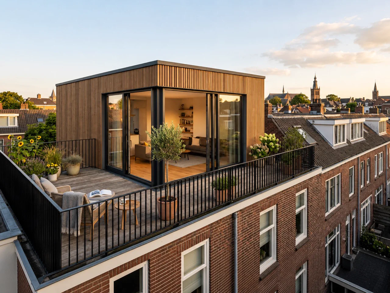Dakopbouwontwerp met verticale houten gevelbekleding en glazen hoekpuien op een stedelijk woongebouw