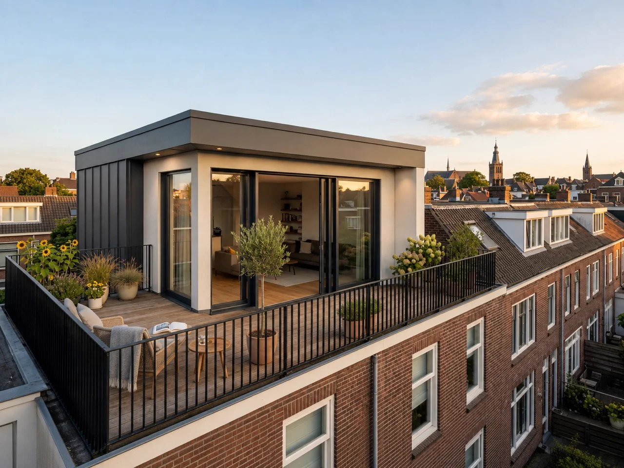 Licht dakopbouwontwerp met stucwerk, donkere zijgevel en glazen hoekpuien op hetzelfde woongebouw