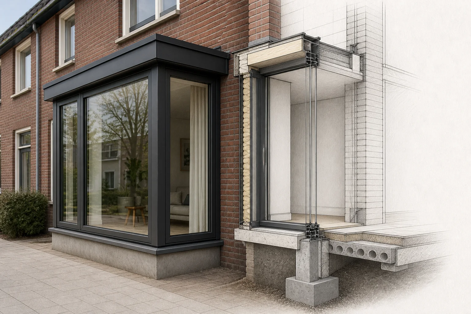 Erker met doorsnede van fundering, vloer, kozijn en aansluiting op de bestaande bakstenen gevel