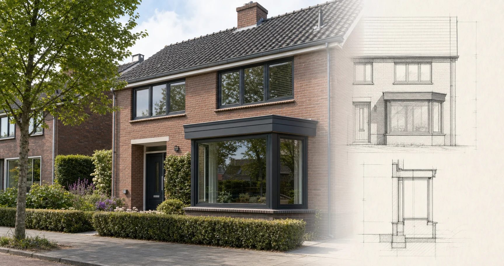 Moderne erker met gevelaanzicht en technisch bouwdetail
