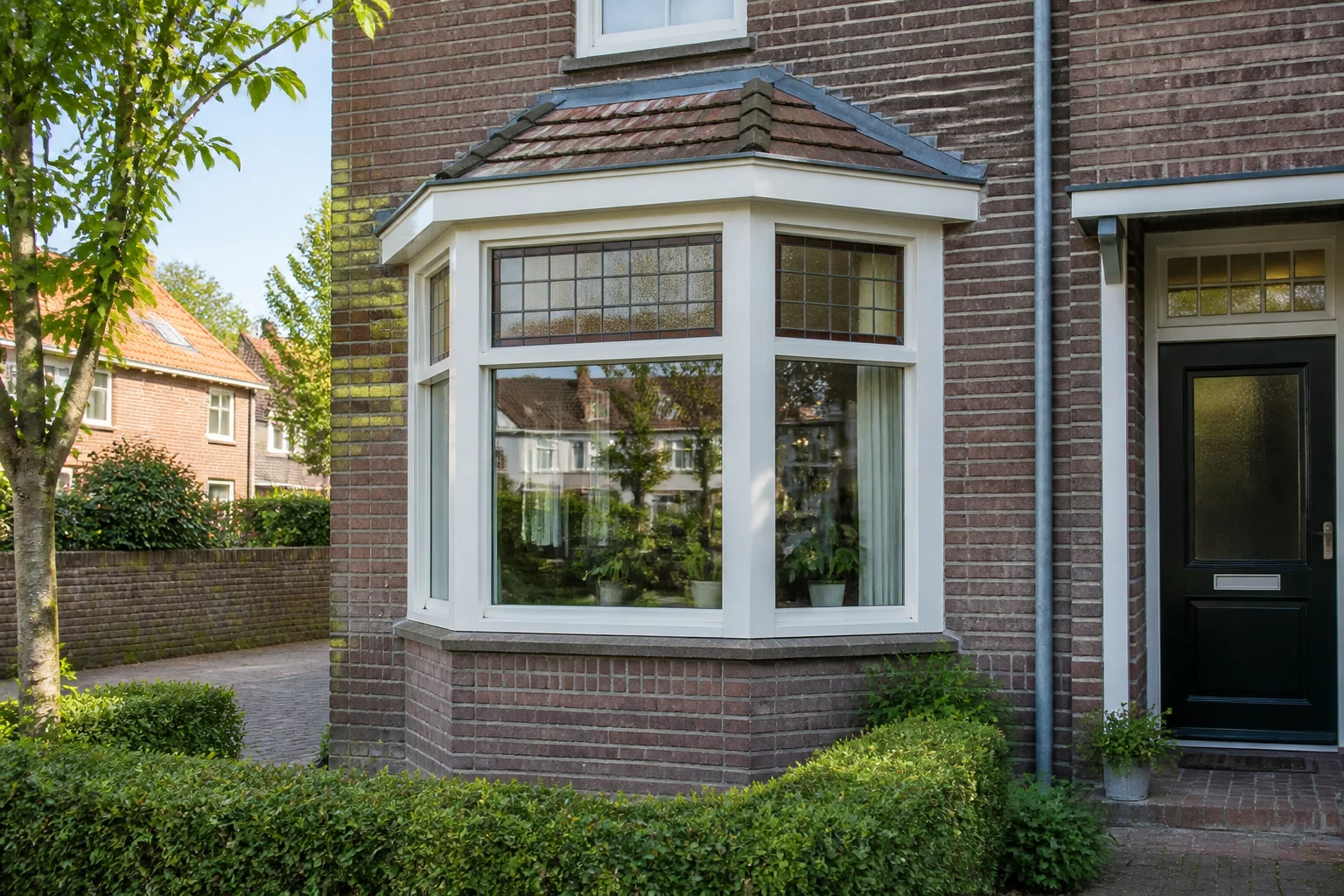 Klassieke erker met gemetselde borstwering en lichte kozijnen aan een jaren-dertigwoning