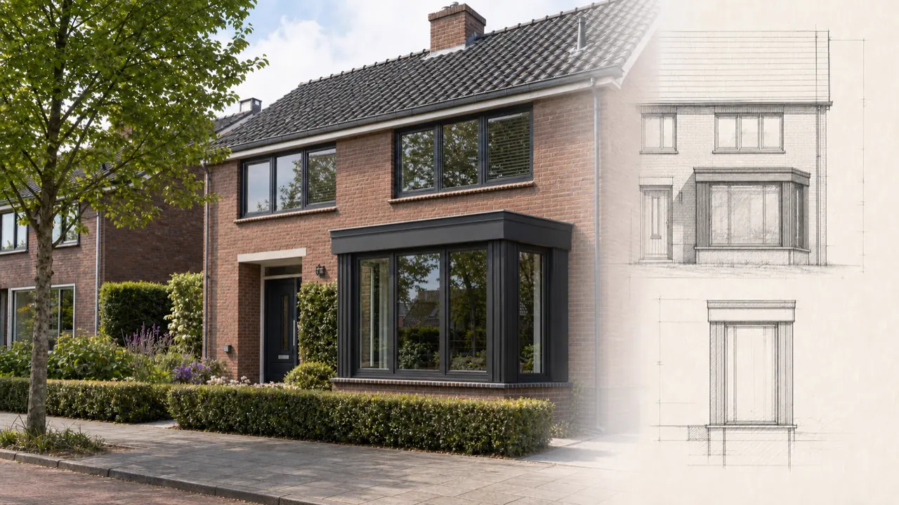 Modern erkerontwerp met antraciete verticale gevelbekleding en hoge ramen aan dezelfde woning