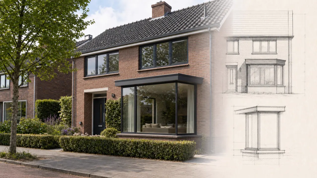 Modern erkerontwerp met glazen hoek en slanke antraciete kozijnen aan een Nederlandse woning