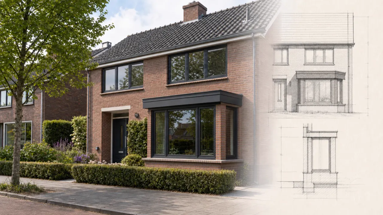 Erkerontwerp met gemetselde zijwanden, donkere kozijnen en een vlakke dakrand aan dezelfde woning