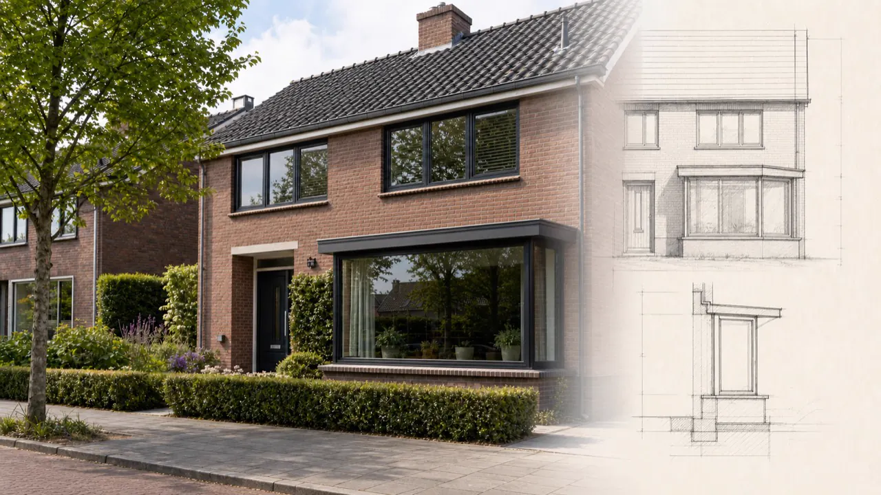 Breed panoramisch erkerontwerp met donkere dakrand en grote glasvlakken aan dezelfde woning