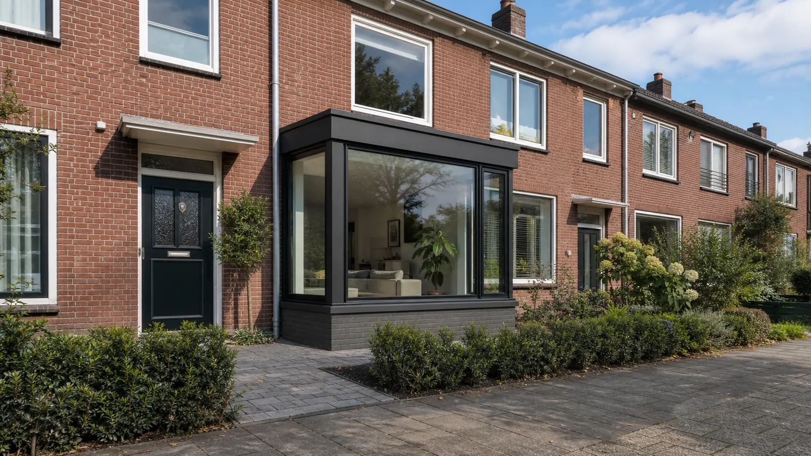 Illustratieve erker tot vloerniveau aan een Nederlandse rijwoning
