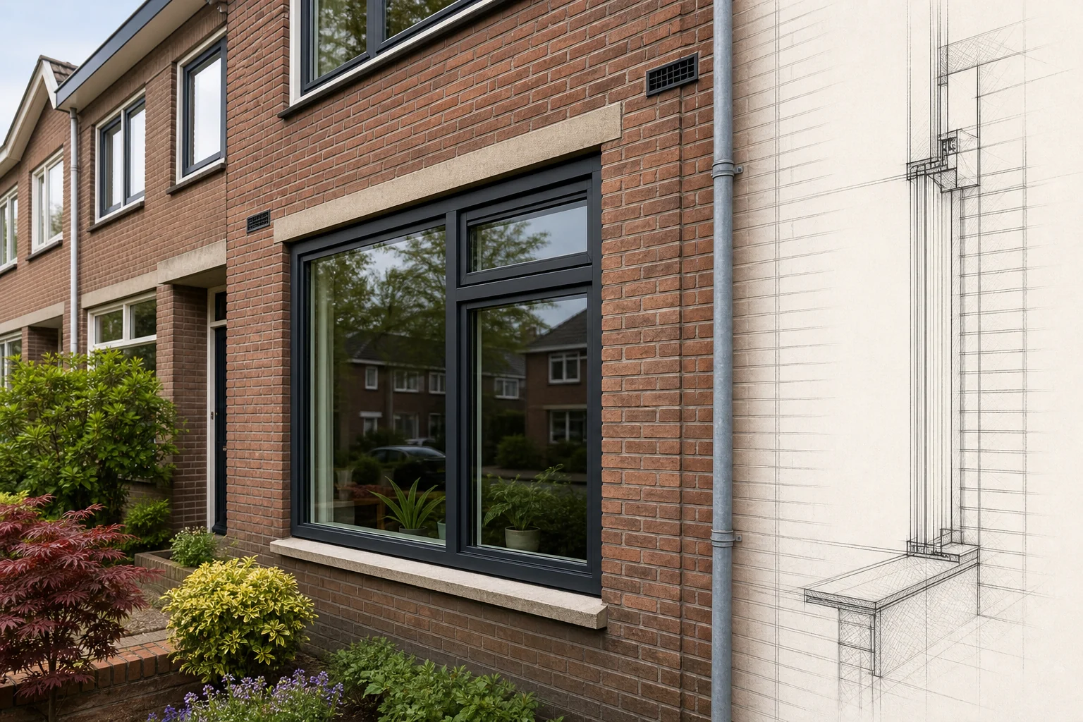 Illustratieve gevelwijziging met een technisch kozijn- en aansluitdetail
