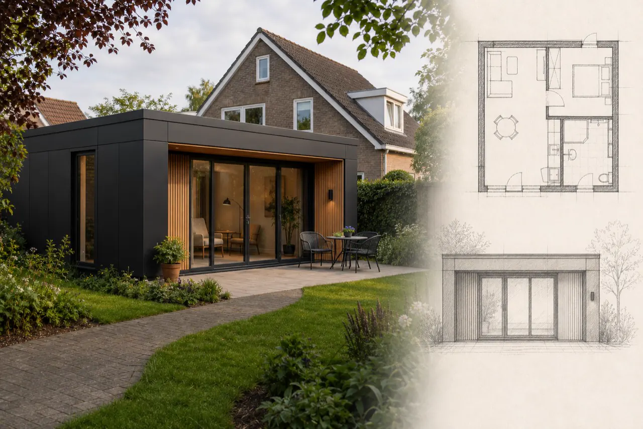 Mantelzorgwoningontwerp met antraciete gevel, warme houten accenten en brede glazen tuindeuren