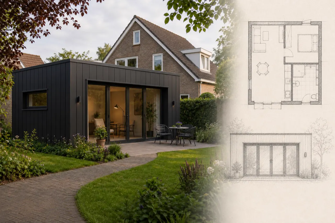 Modern antraciet mantelzorgwoningontwerp met verticale gevelbekleding en brede glazen tuindeuren