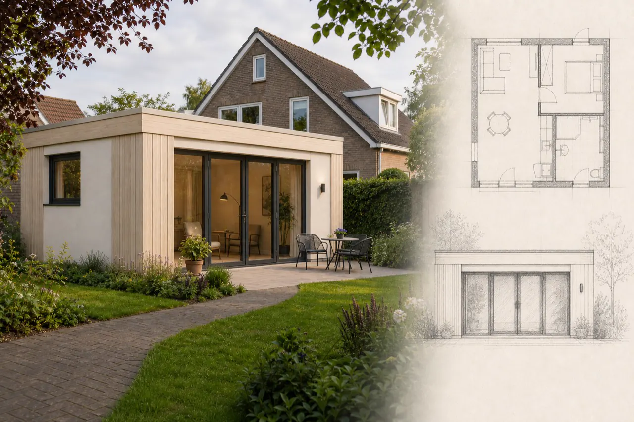 Licht houten mantelzorgwoningontwerp met rustige gevelbekleding, terras en toegankelijke indeling