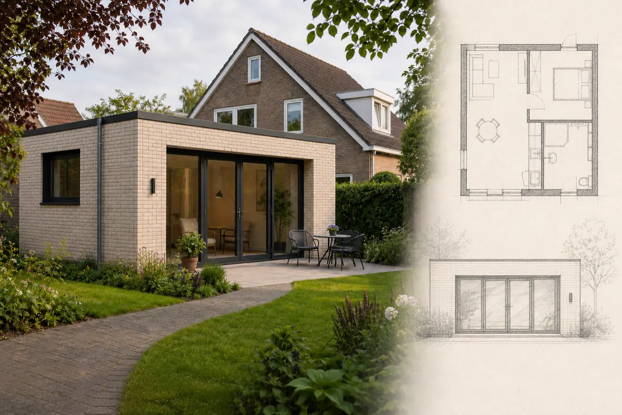 Mantelzorgwoningontwerp in lichte baksteen met donkere kozijnen, terras en toegankelijke plattegrond