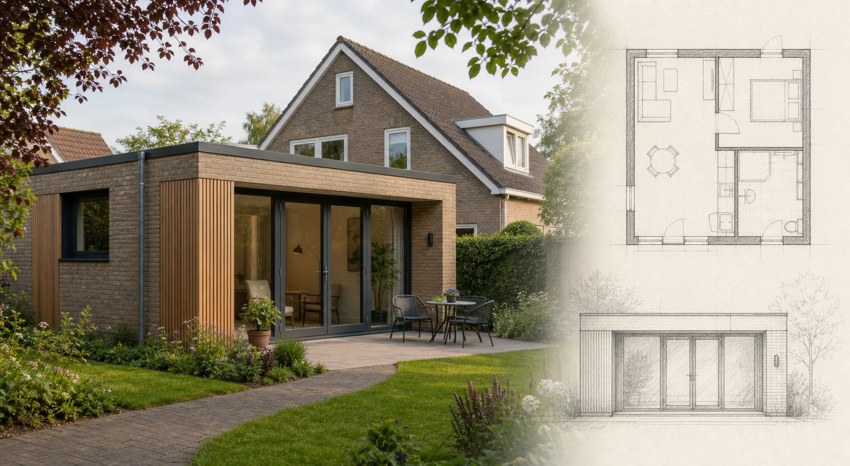 Toegankelijke mantelzorgwoning met plattegrond en geveltekening
