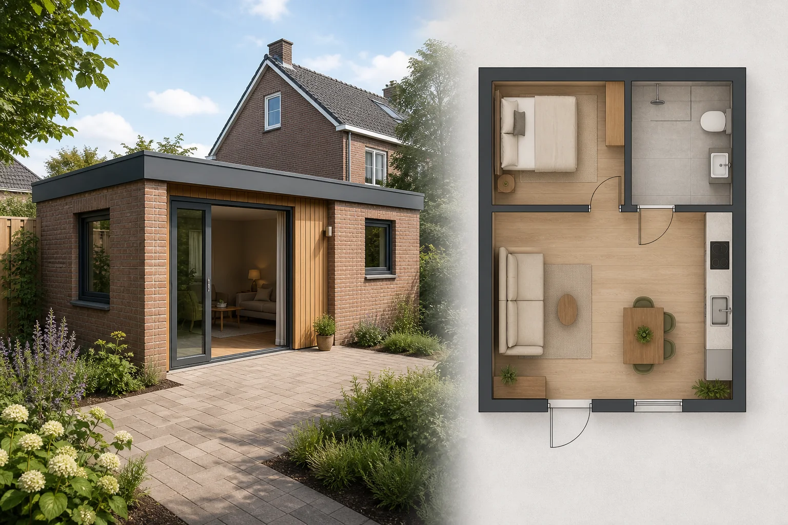 Traditioneel gemetselde mantelzorgwoning met slaapkamer, toegankelijke badkamer en woonkeuken