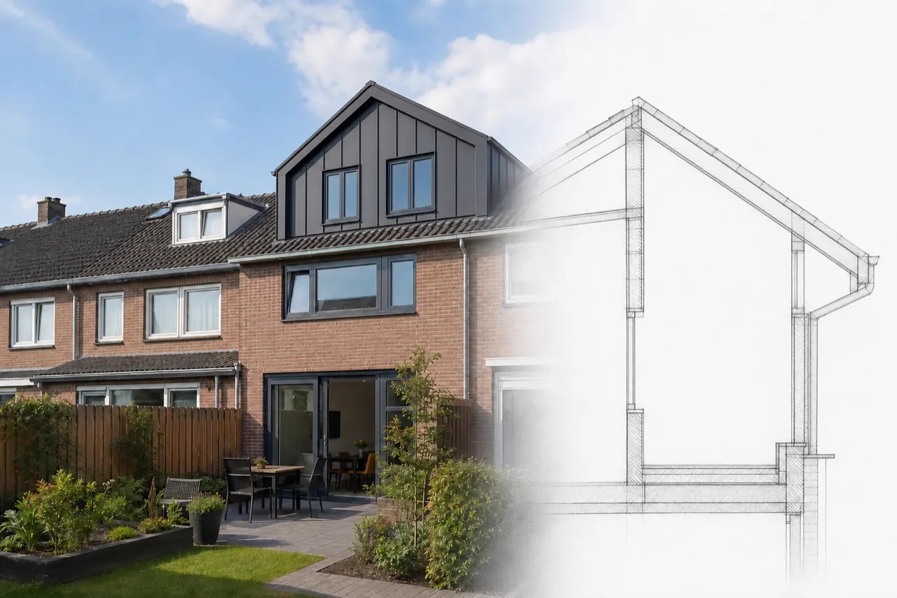 Nokverhogingsontwerp met antraciete metalen gevelbekleding en twee hoge ramen aan een Nederlandse woning