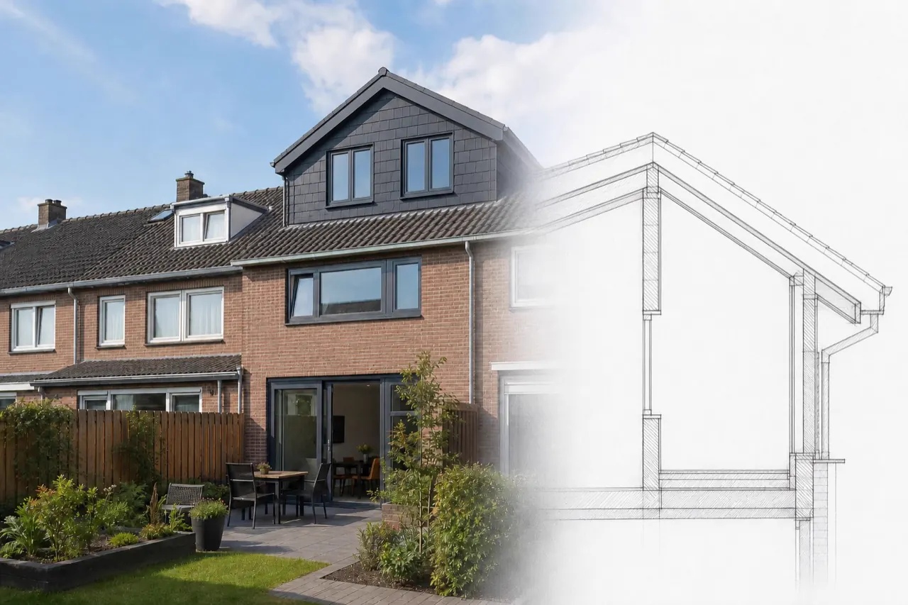 Nokverhogingsontwerp met donkere dakleien, twee ramen en een bijbehorende dakdoorsnede