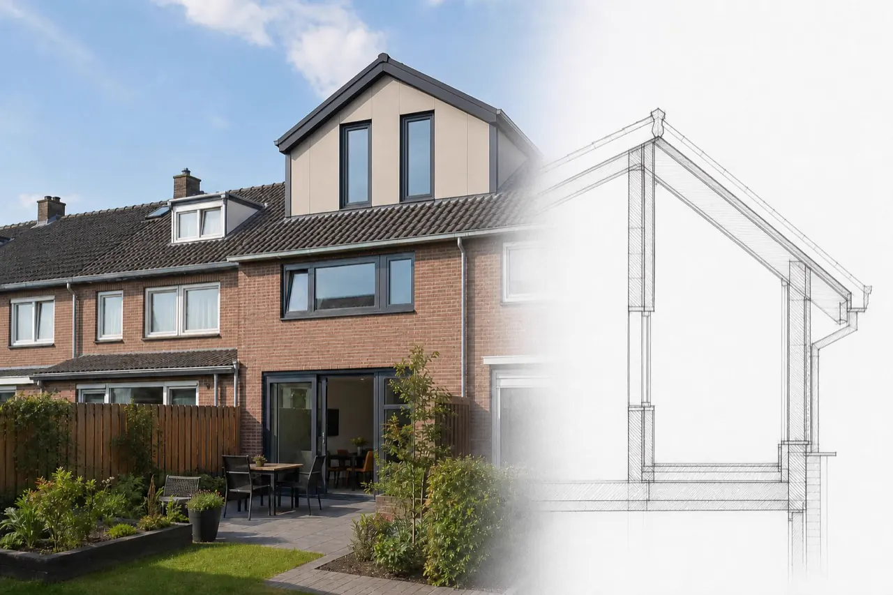 Nokverhogingsontwerp met licht plaatmateriaal, slanke donkere kozijnen en een technische dakdoorsnede