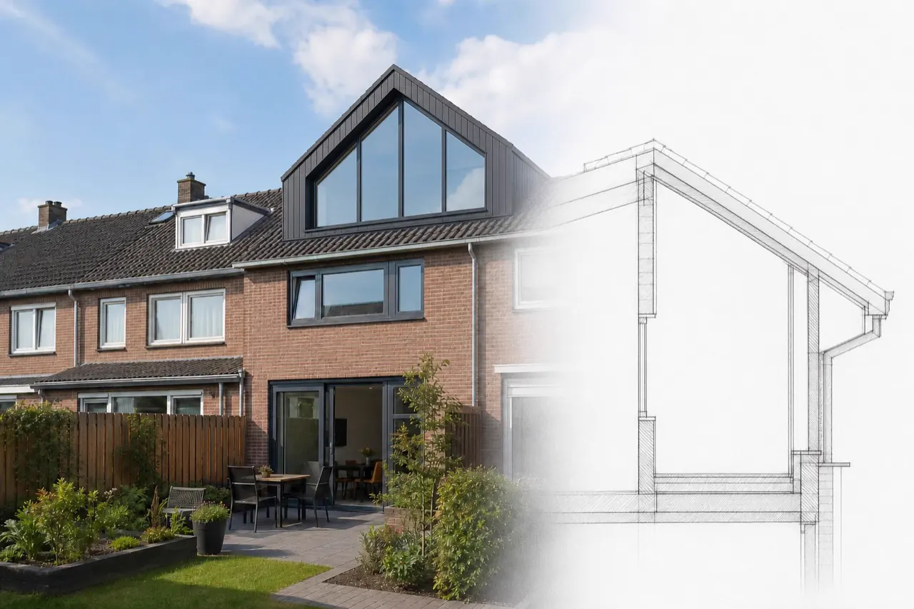 Modern nokverhogingsontwerp met een grote panoramische glazen gevel in de verhoogde kap