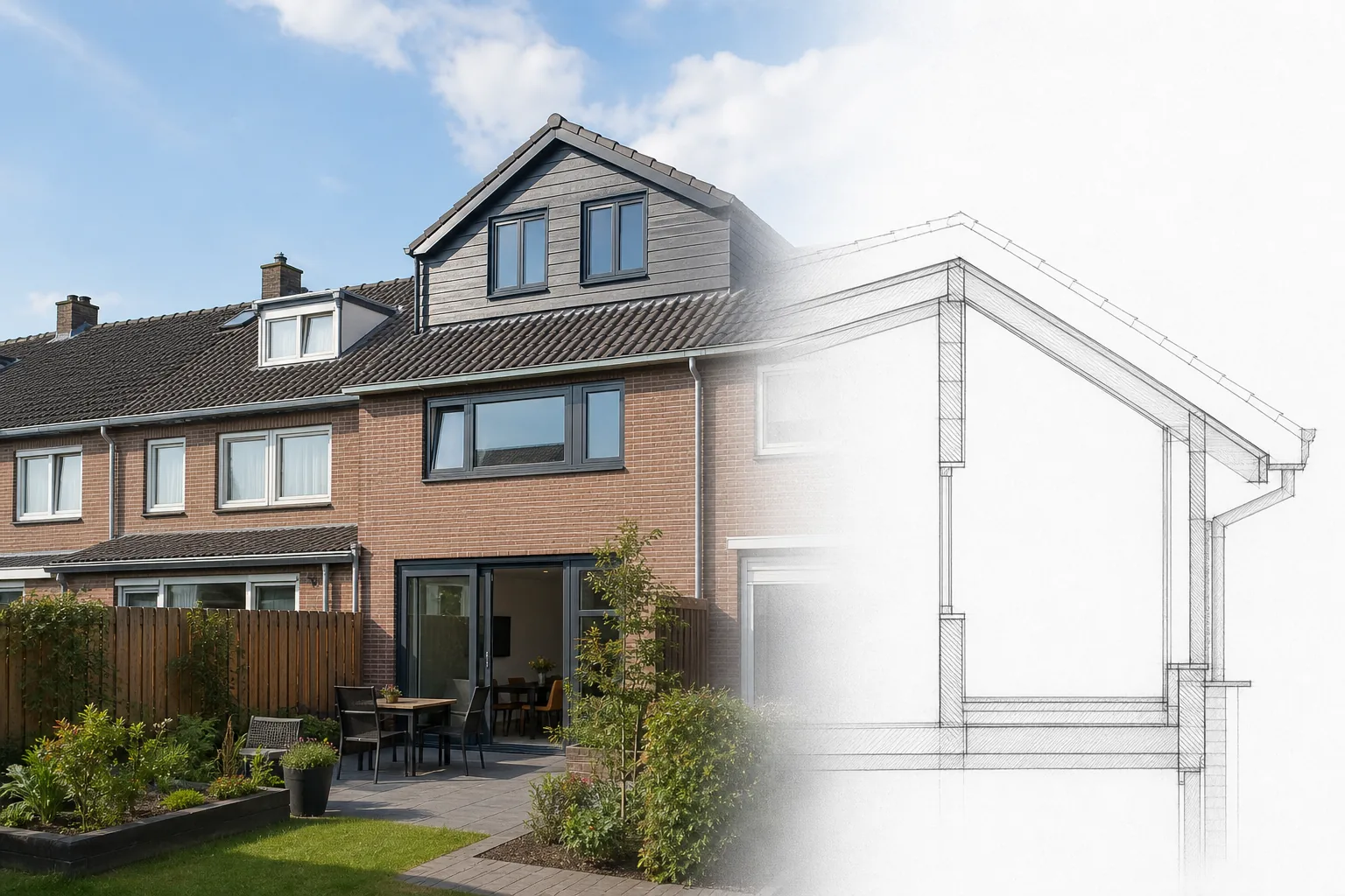Illustratieve nokverhoging met aansluitende dakdoorsnede