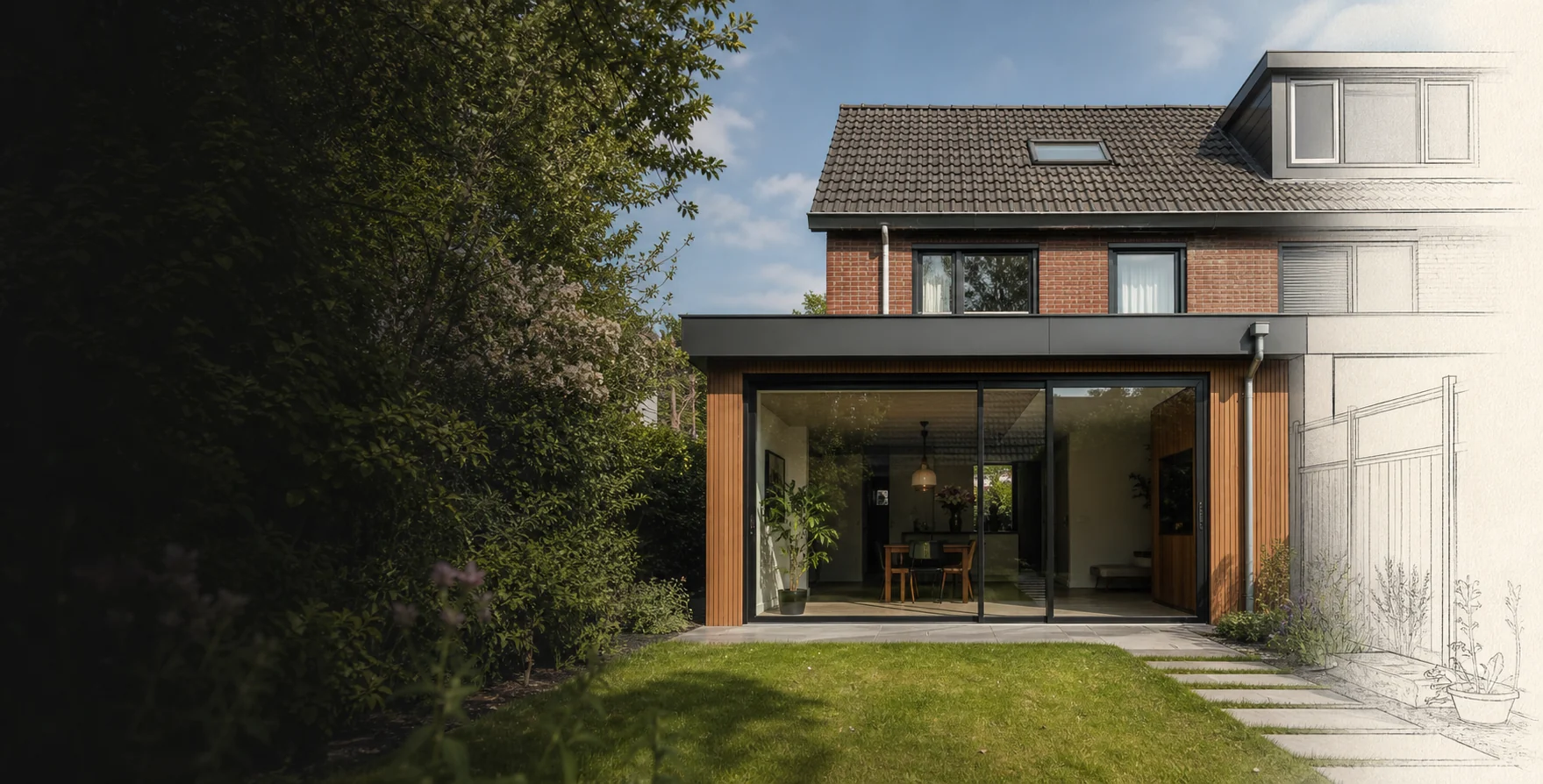Nederlandse woning met moderne aanbouw die overgaat in een technische bouwschets