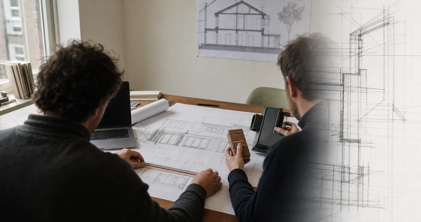 Illustratieve werksituatie waarin bouwprofessionals een bouwtekening en materiaalkeuzes controleren