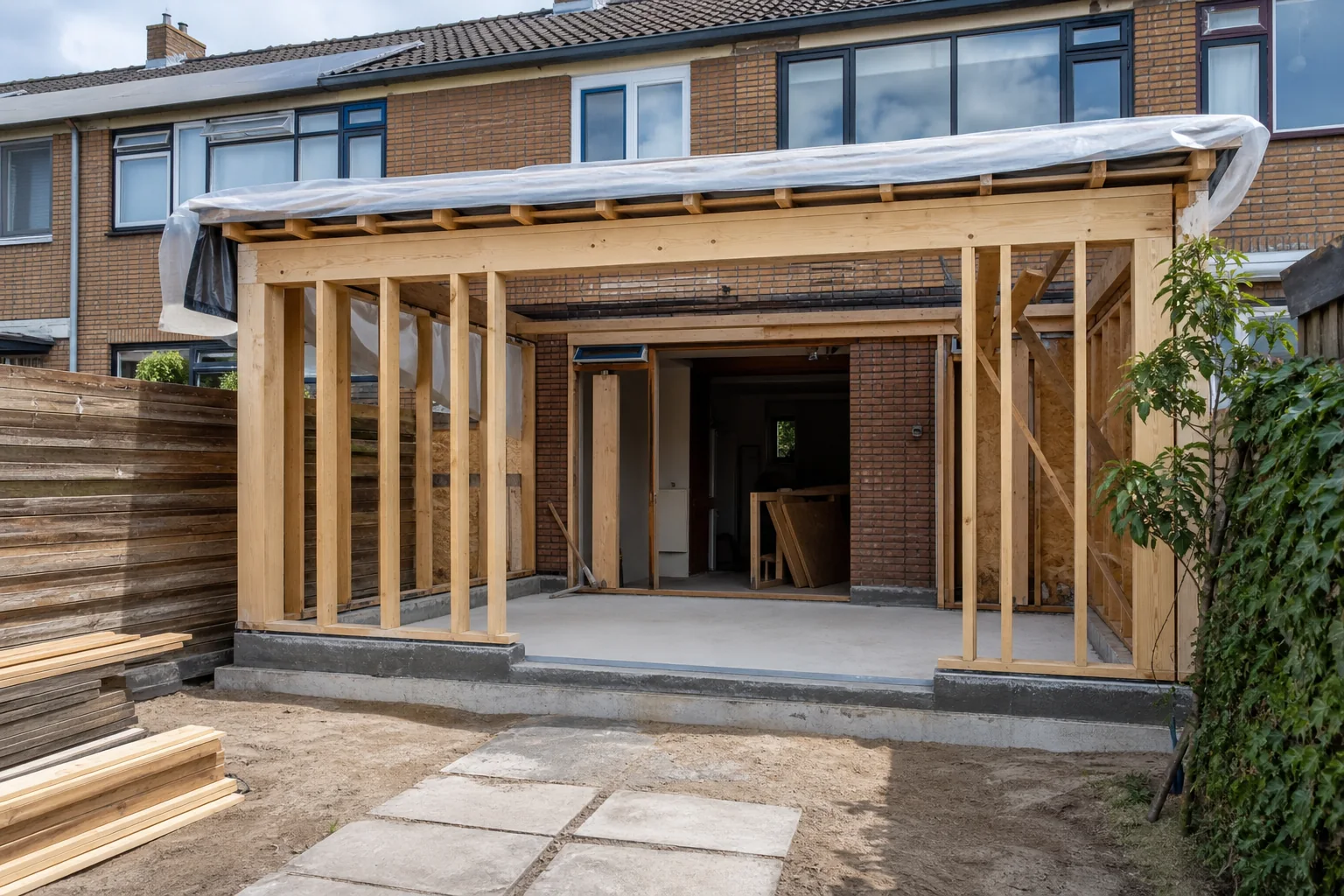Aanbouw tijdens de ruwbouw met een houten draagconstructie aan een Nederlandse rijwoning