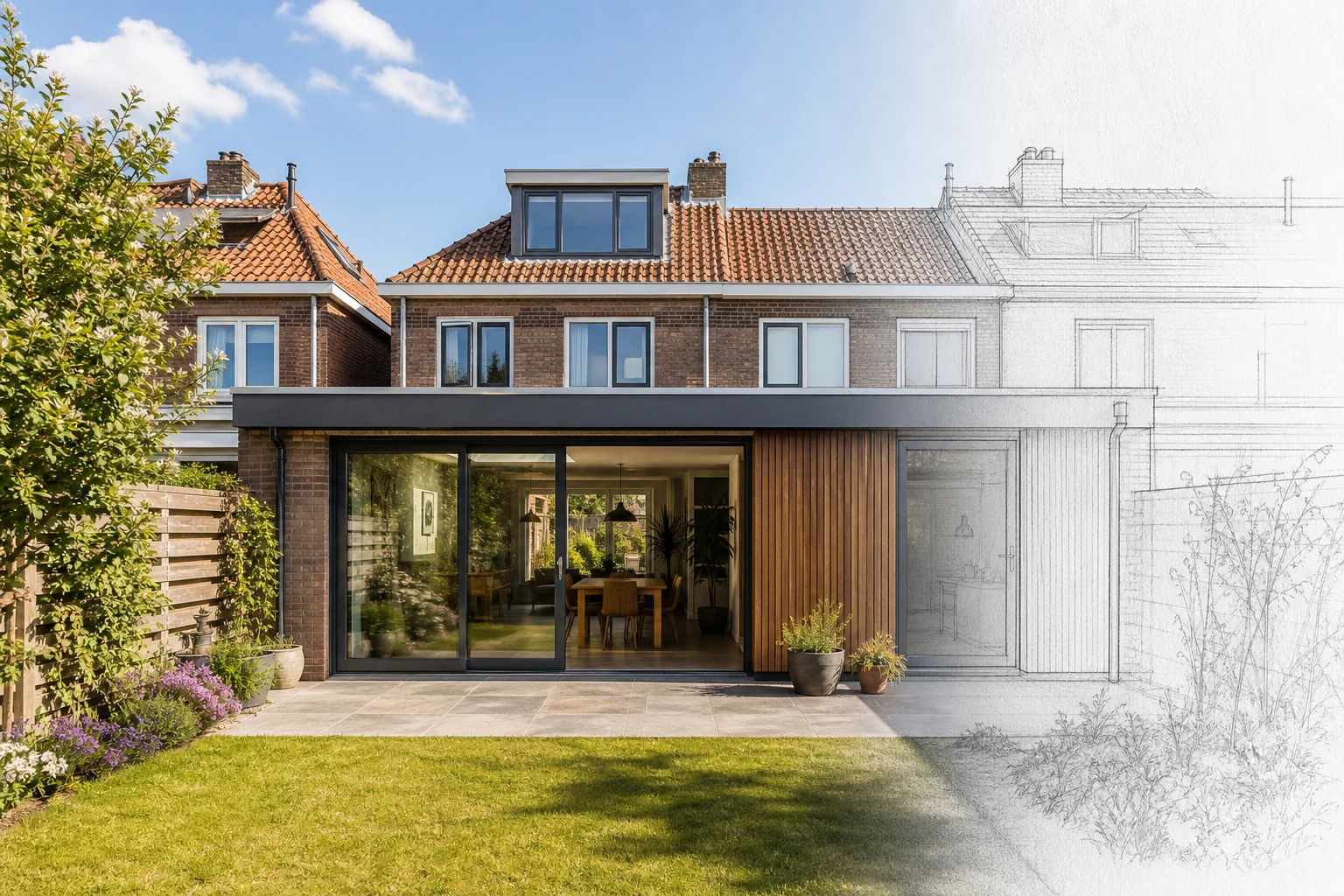 3D-ontwerpbeeld van een moderne aanbouw aan een rijwoning