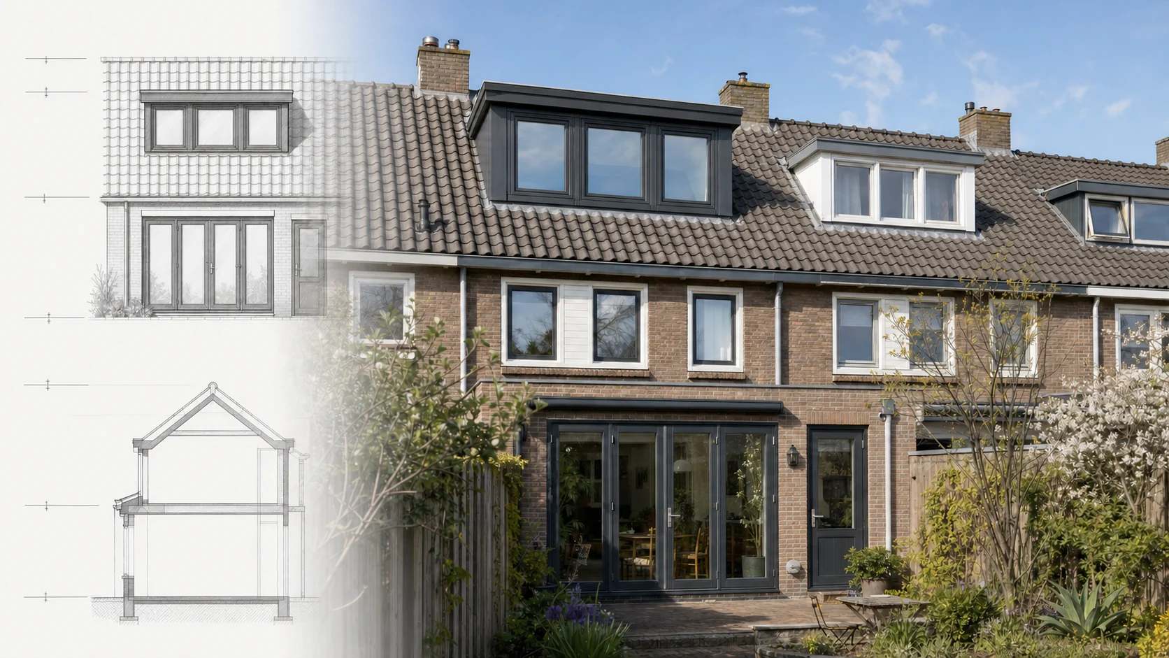 Illustratieve dakkapel en dakrenovatie naast een technische doorsnede